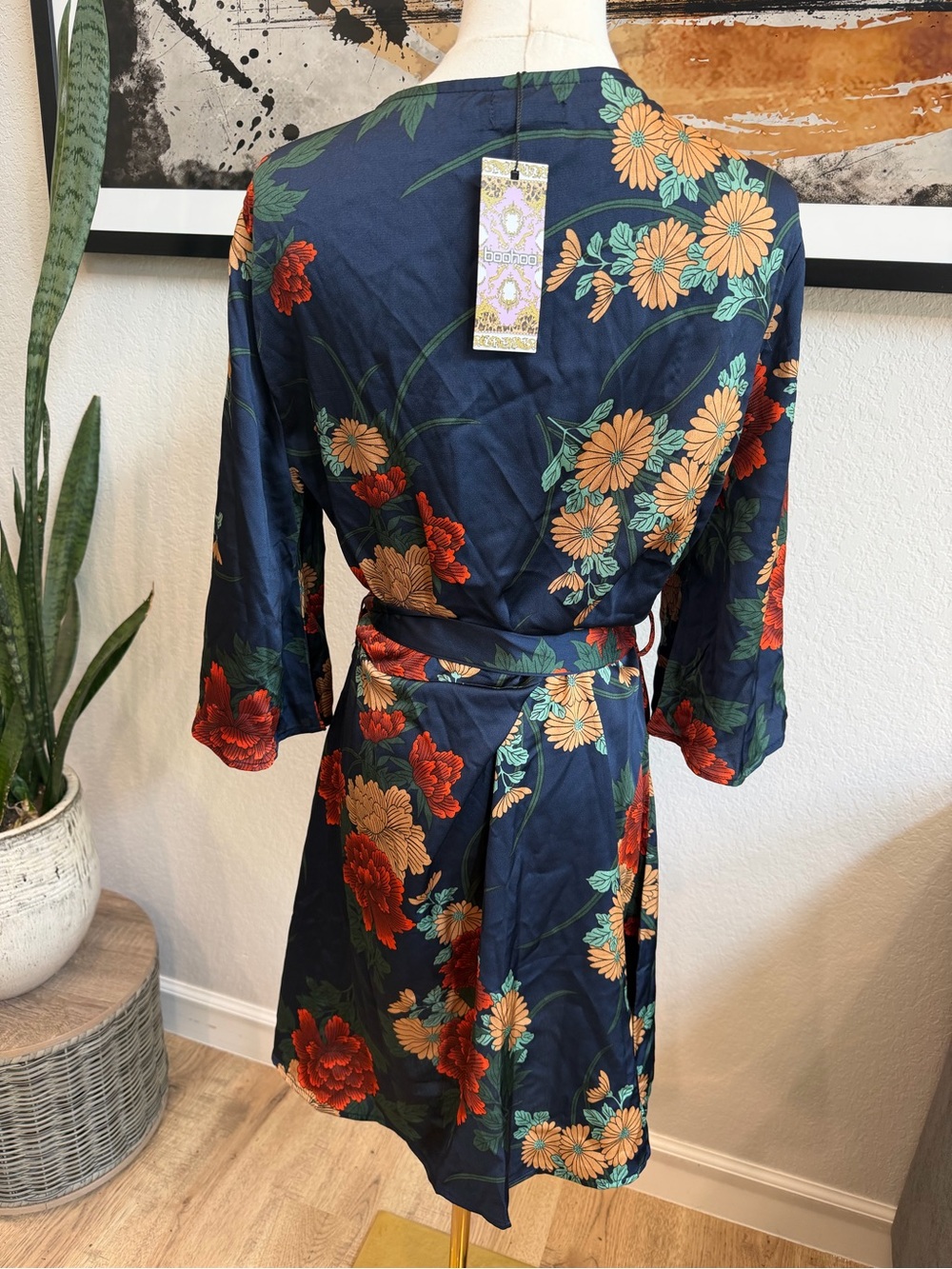 Boohoo Navy Floral Wrap Dress with Red & Beige Blooms - Picture 9 of 14